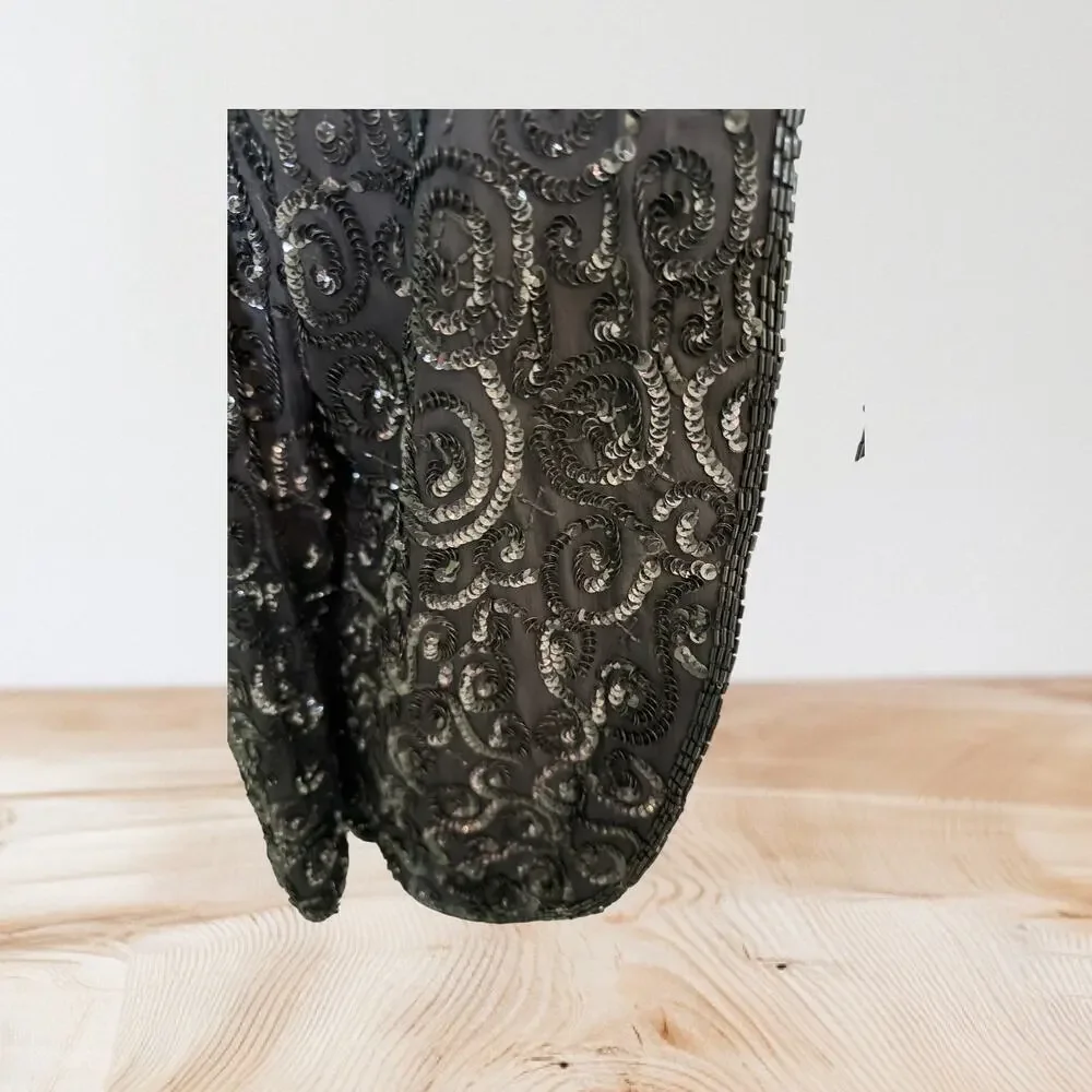 Vintage Nite Line 100% Silk Black Sequin Evening Jacket M